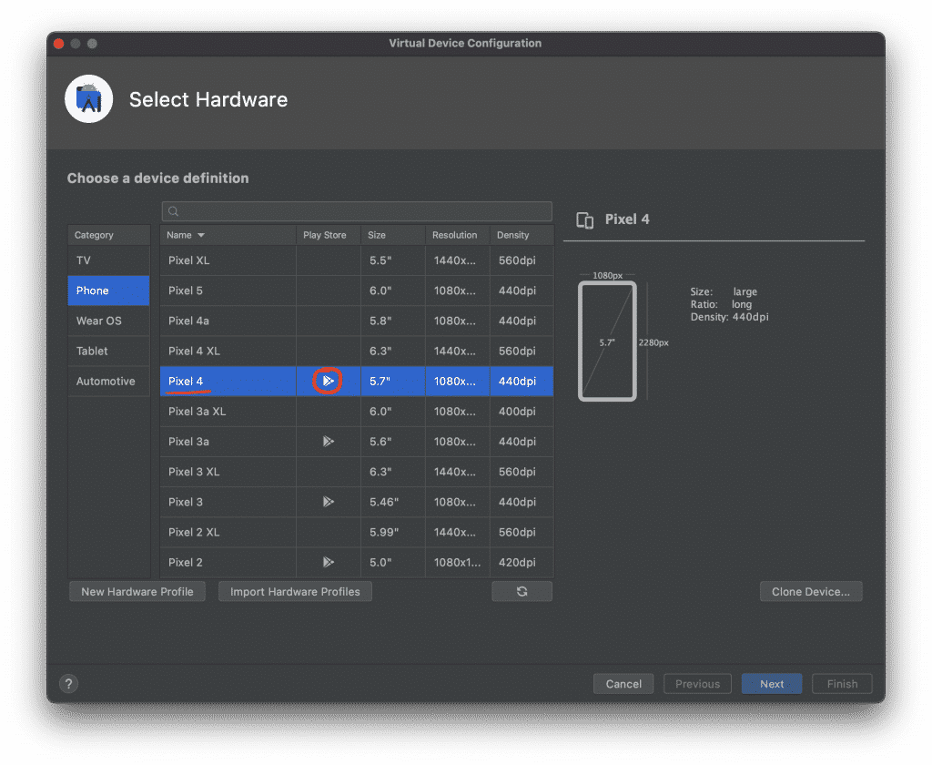 BaseLynk - Android Studio Create Virtual Pixel 4